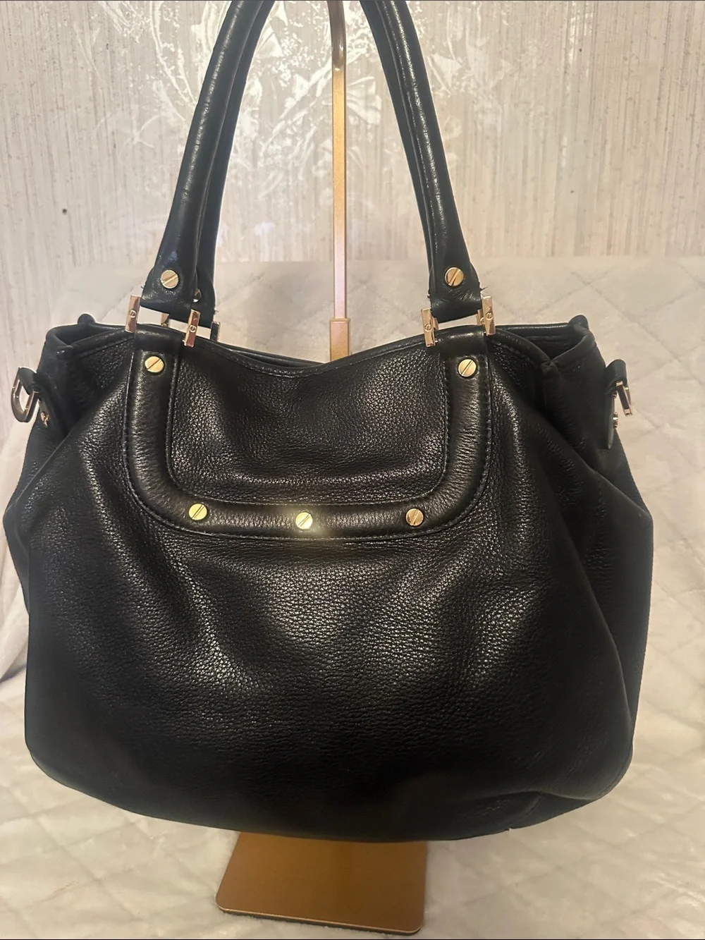 Tory Burch Black Leather Shoulder Bag with Gold Logo Medallion